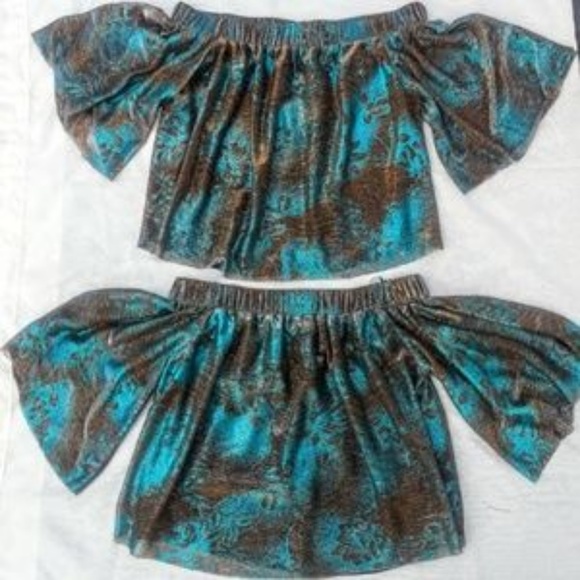 Sugarlips metallic blue bronze flowy off-the-shoulder top sz S - Picture 5 of 8